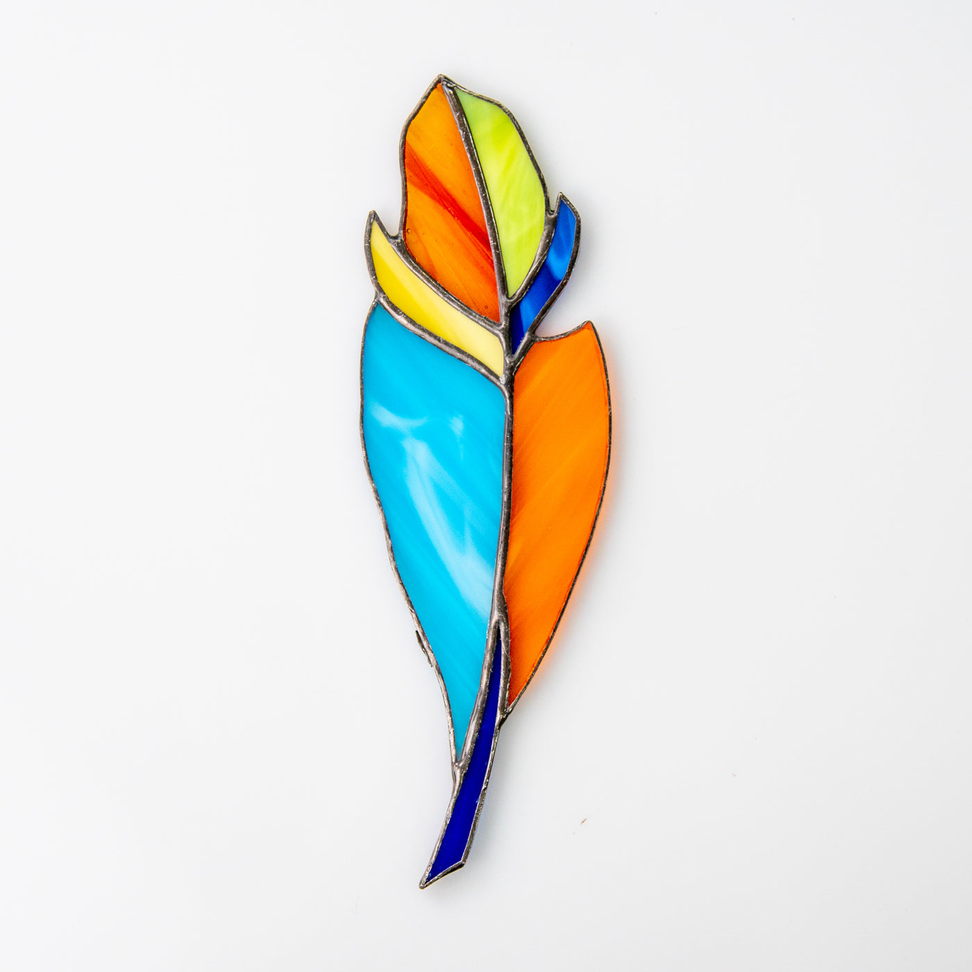 Stained glass orange and blue coloured feather suncatcher