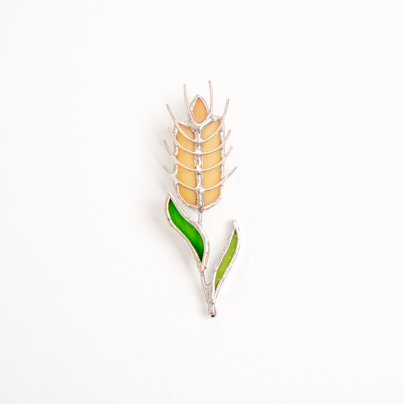 Stained glass wheat with green leaves brooch 