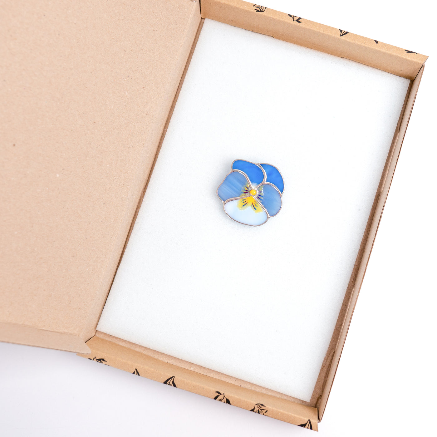 Stained glass blue pansy brooch in a brand box