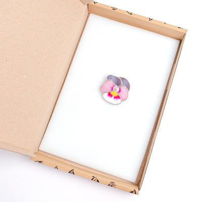 Stained glass pink pansy brooch in a brand box