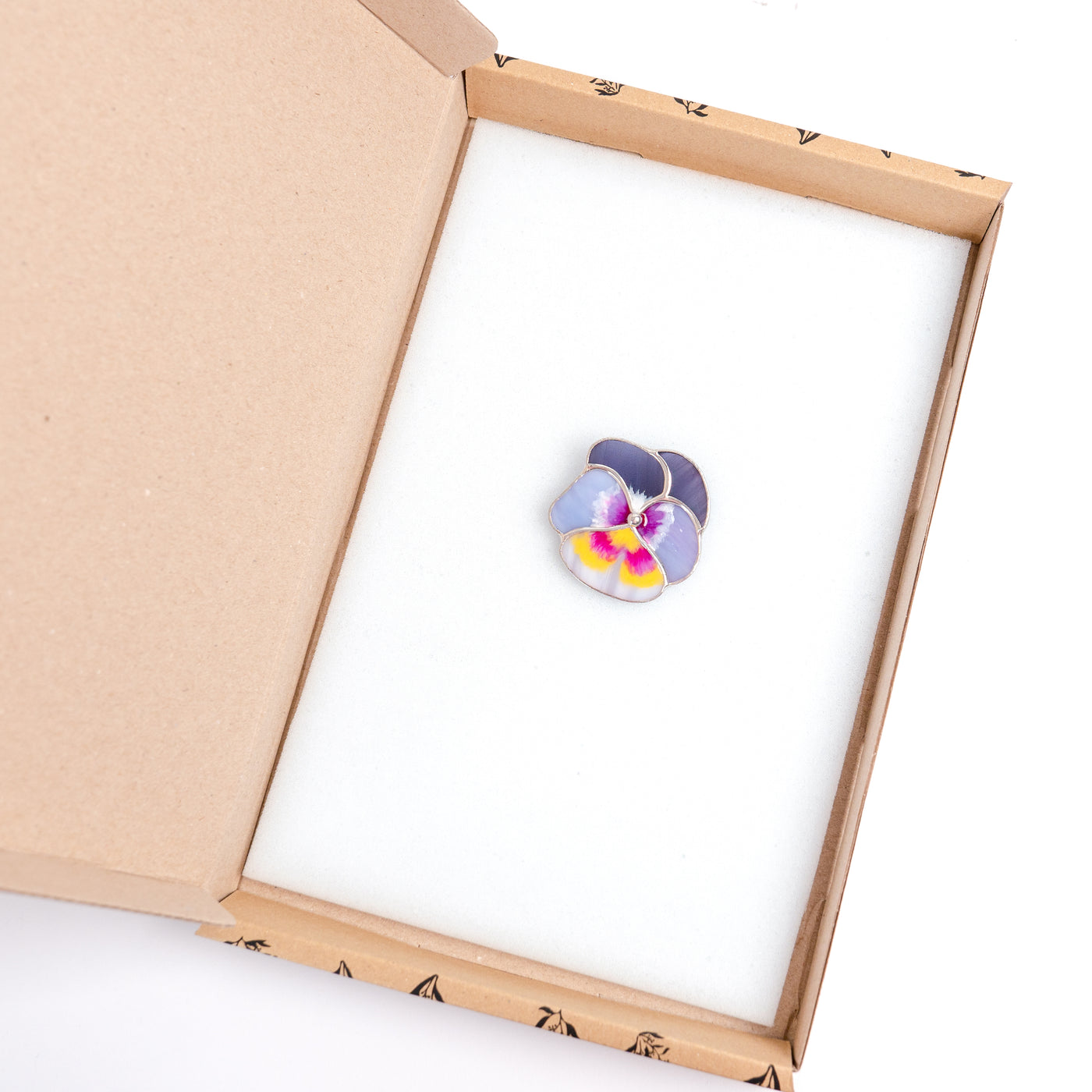 Stained glass purple pansy brooch in a brand box