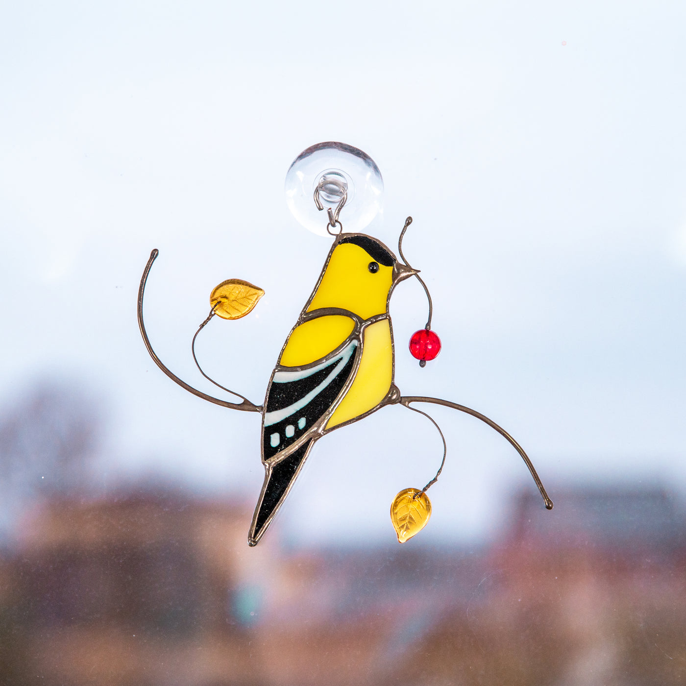 Bright goldfinch bird stained glass window suncatcher