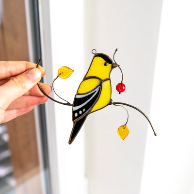 Goldfinch with berry stained glass suncatcher