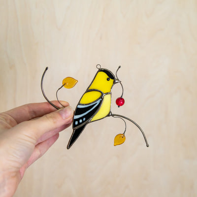 Bright stained glass goldfinch suncatcher for window decor