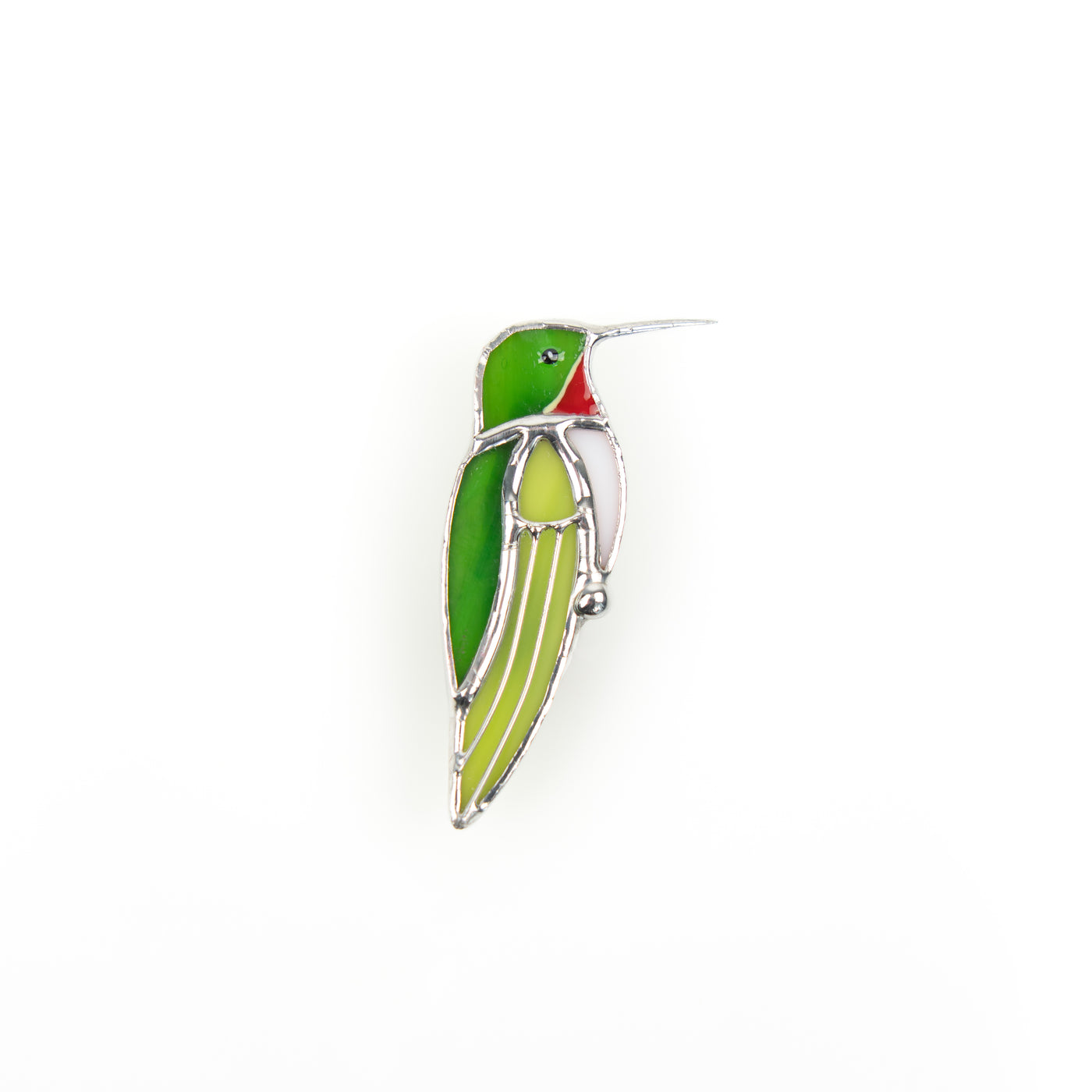Stained glass pin of a green hummingbird