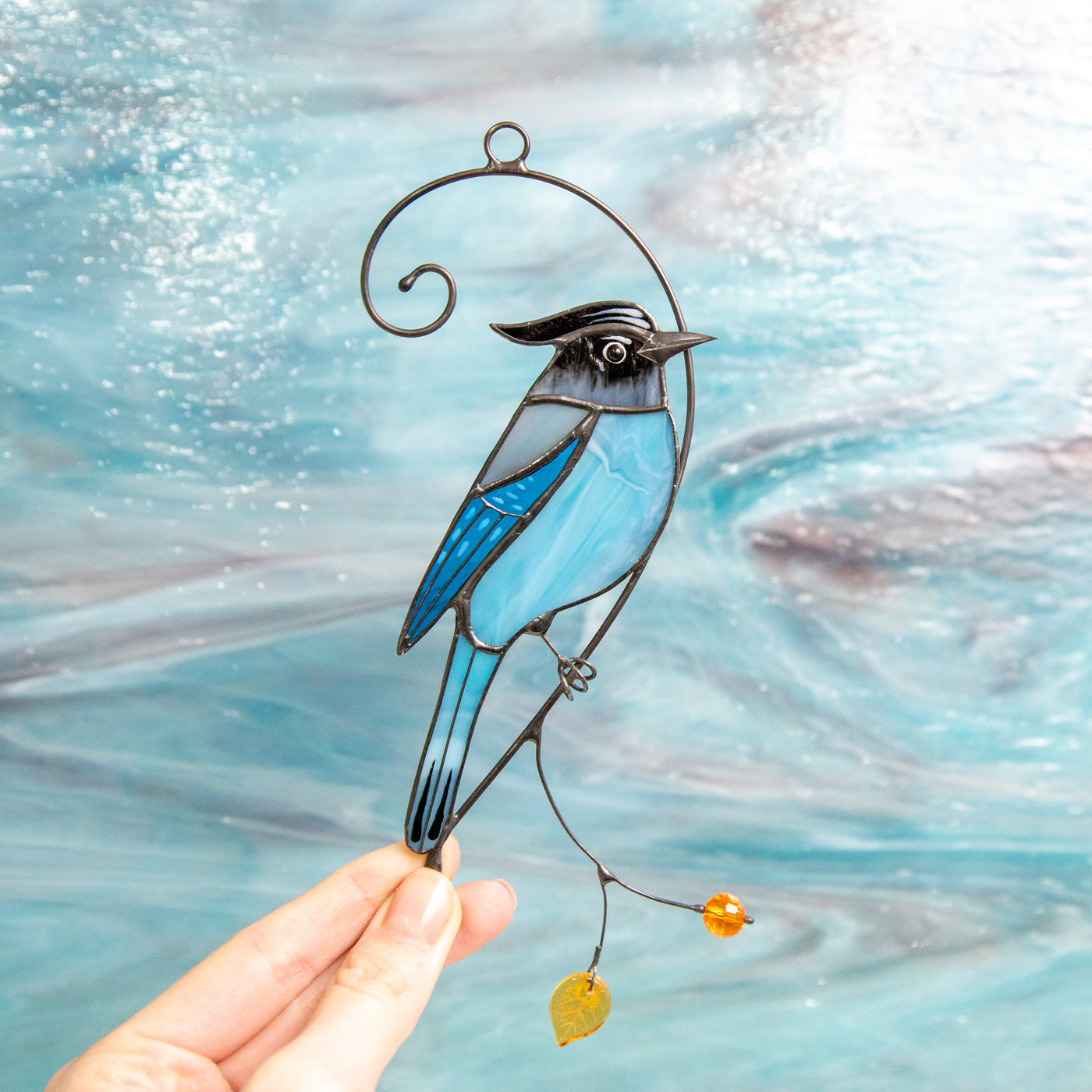 Steller's Jay bird suncatcher of stained glass