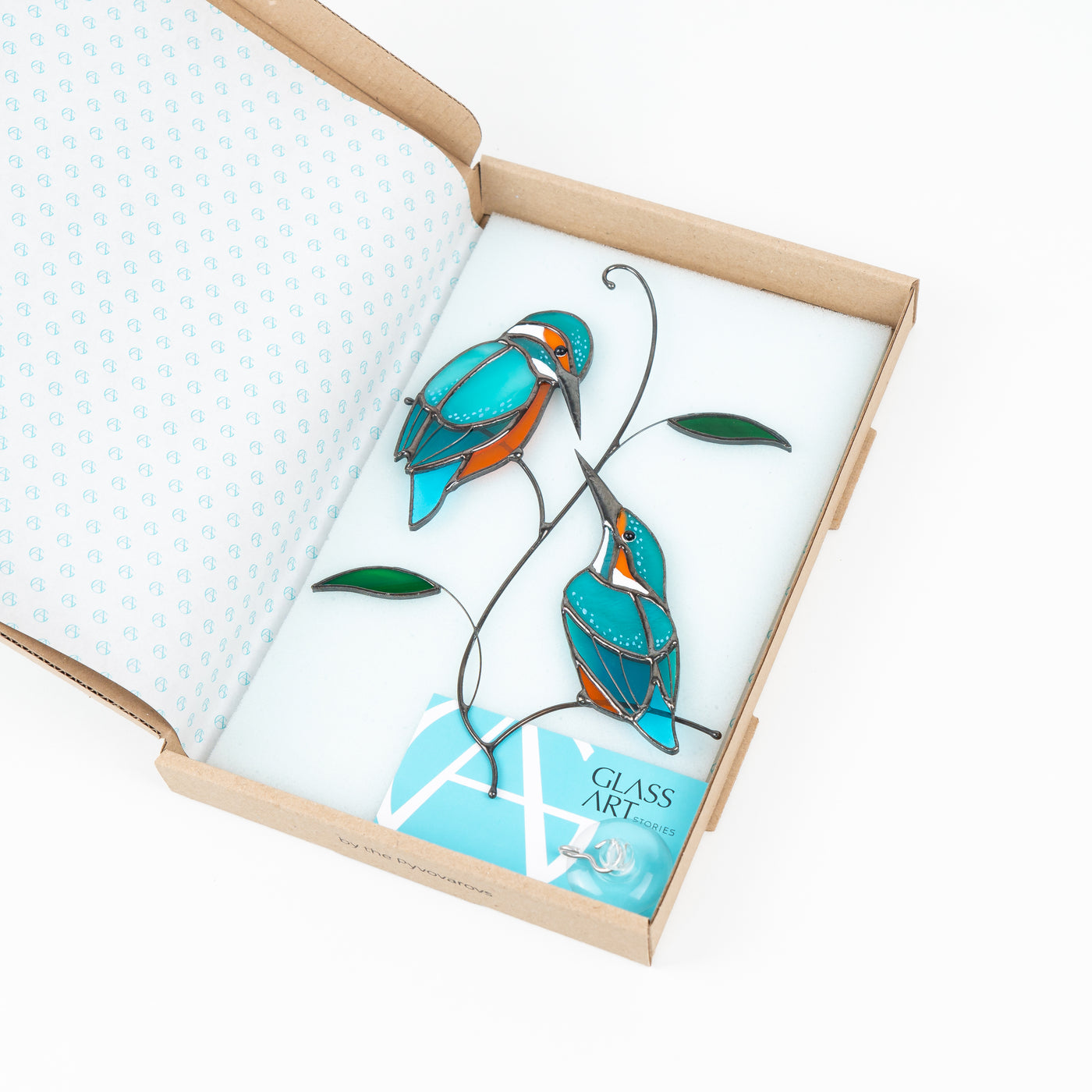 Kingfishers looking at each other suncatcher in a brand box