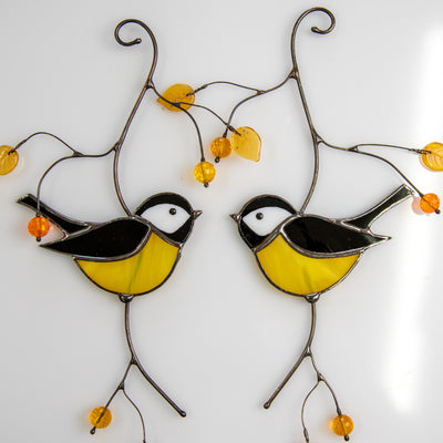 Pair of black chickadees of stained glass suncatcher