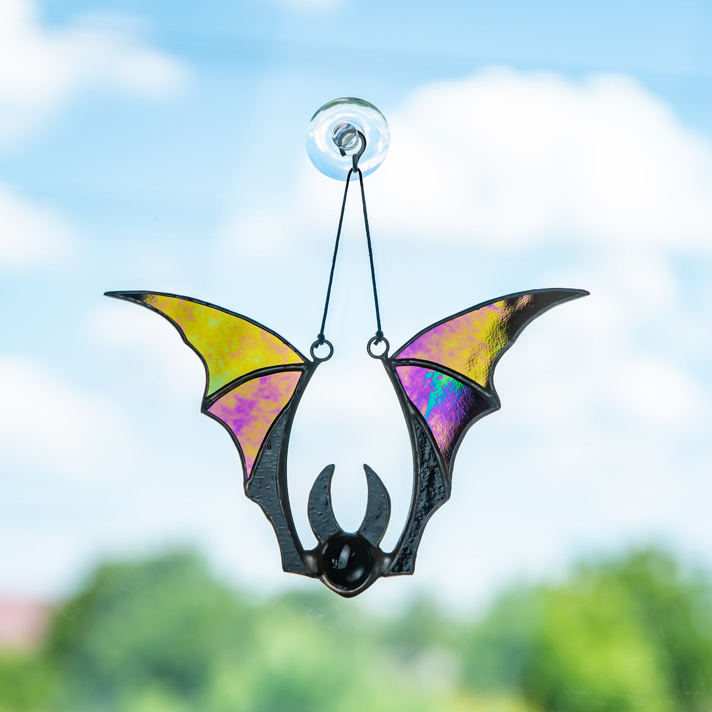 Stained glass Halloween bat with iridescent wings suncatcher