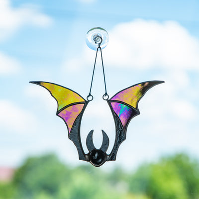 Stained glass Halloween bat with iridescent wings window hanging