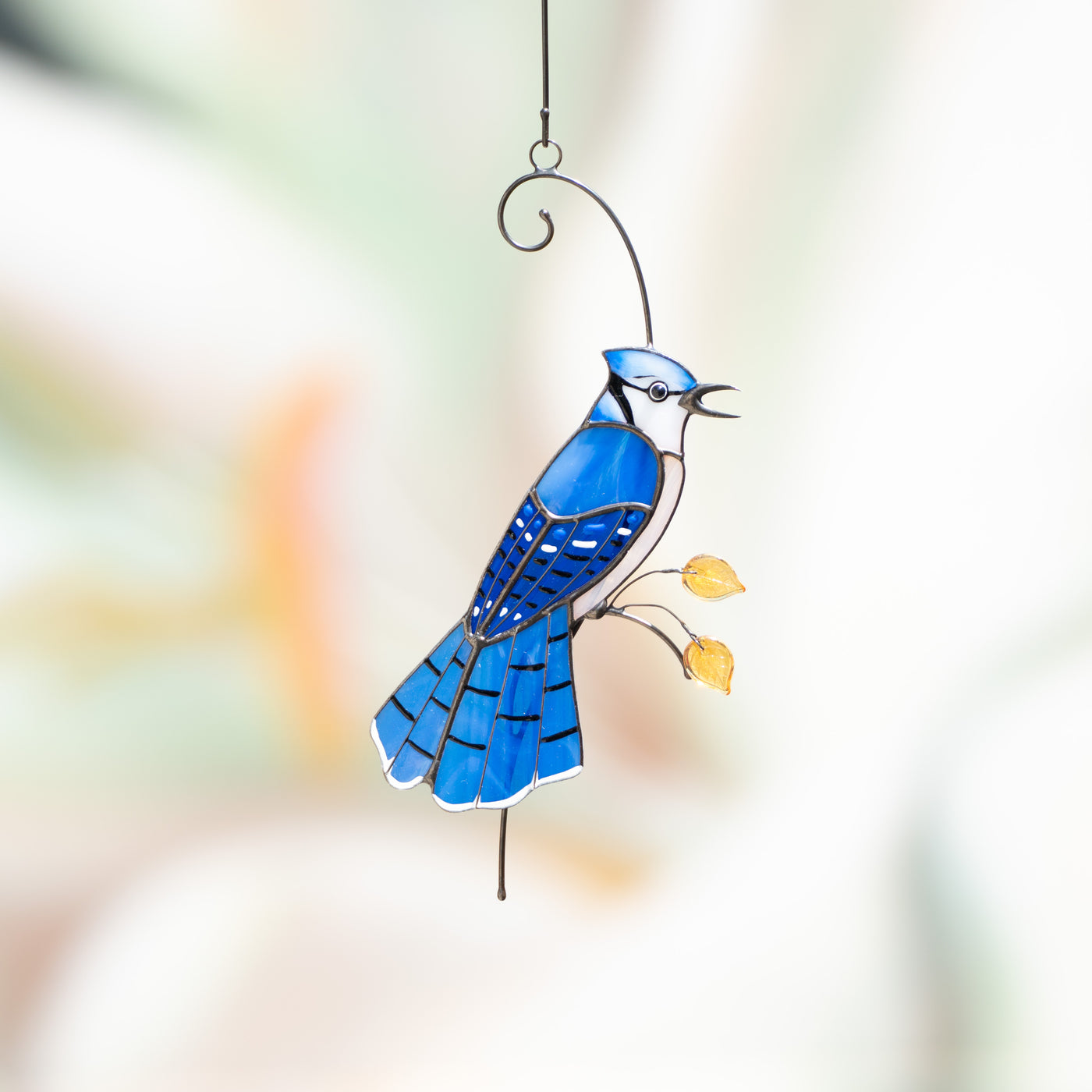 Blue jay bird window hanging of stained glass