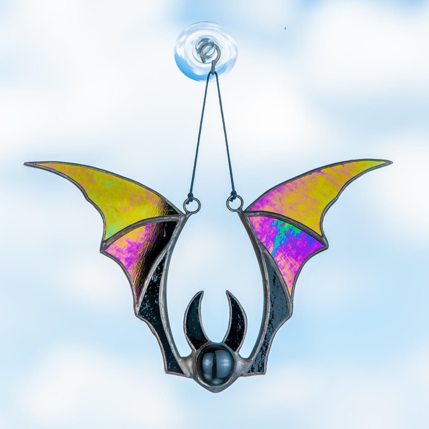 Stained glass bat with iridescent wings horror window hanging