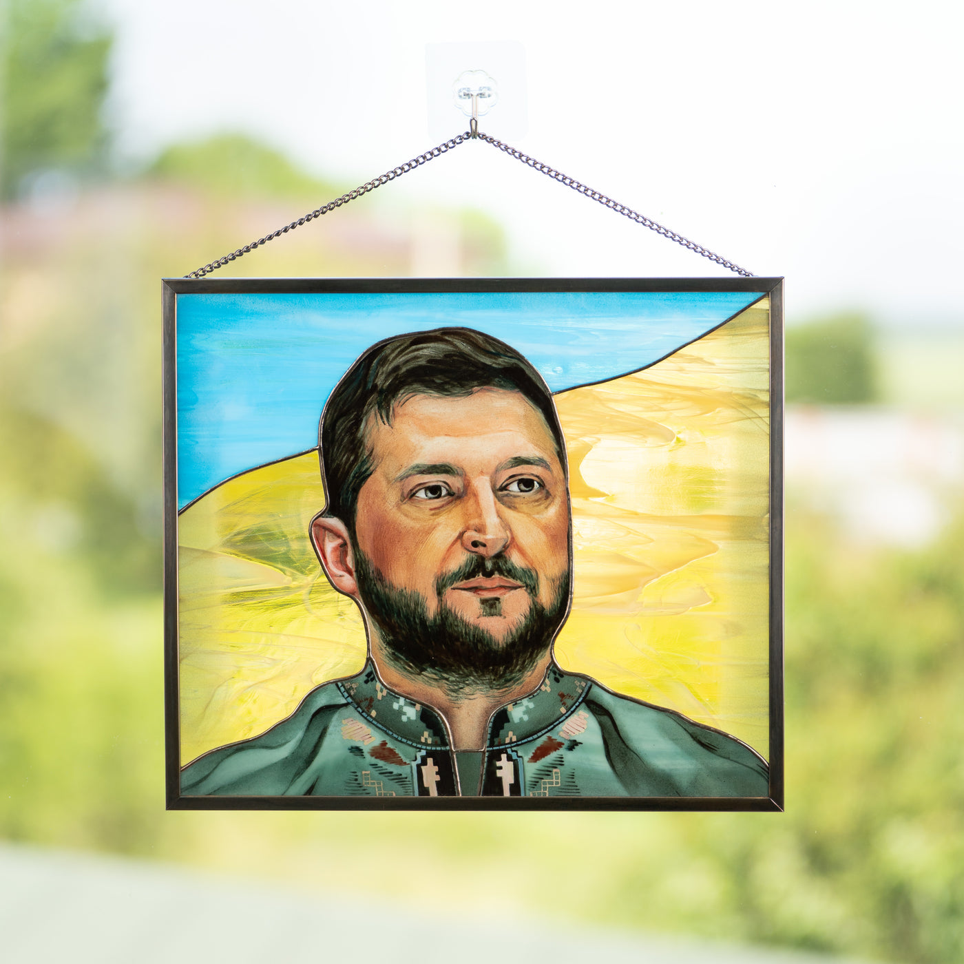 Volodymyr Zelenskyy portrait window hanging of stained glass