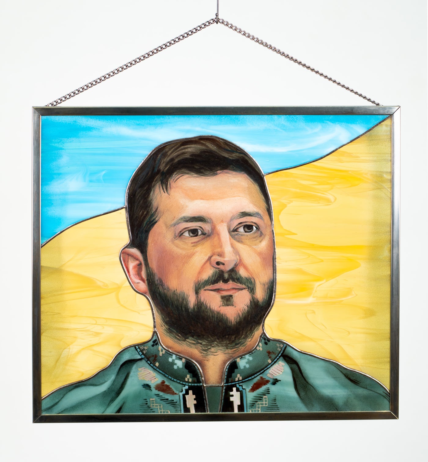 Zoomed stained glass portrait of Volodymyr Zelenskyy