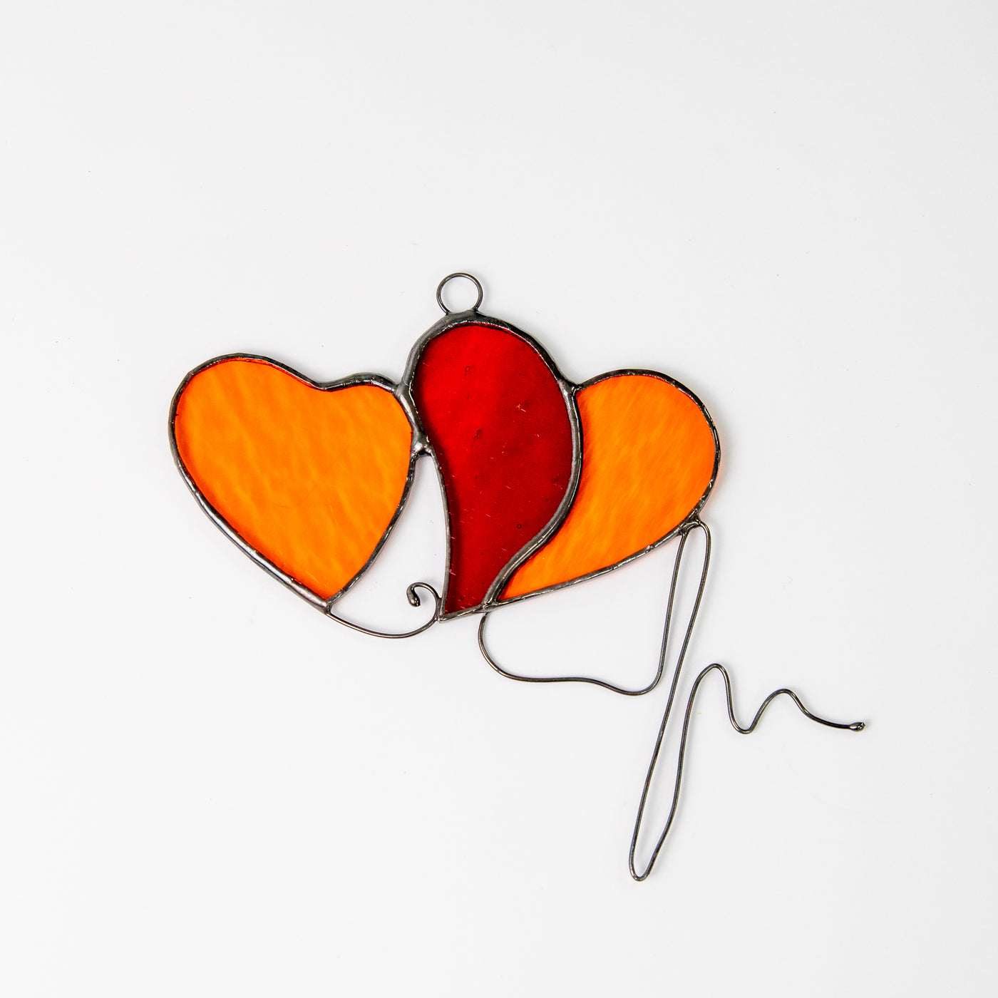 Stained glass two orange hearts suncatcher with red part suncatcher and with the wired heartbeat 