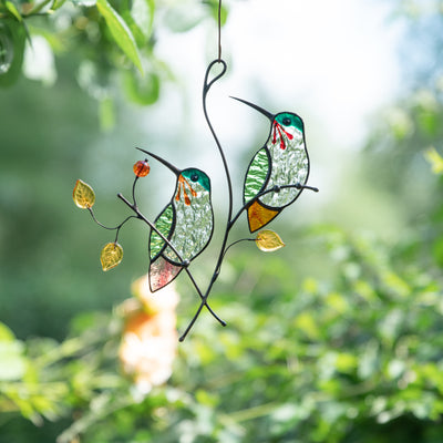 Stained glass pair of hummingbirds window hanging