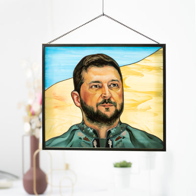 Stained glass window hanging depicting a portrait of Volodymyr Zelenskyy