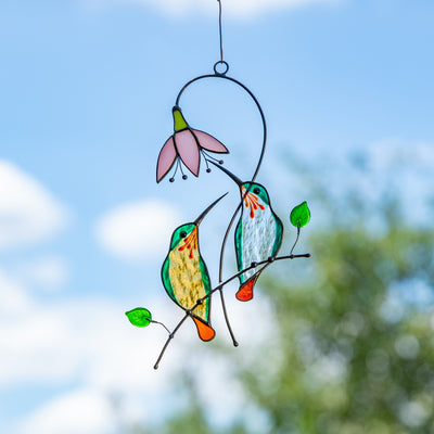 Stained glass pink hummingbirds with pink flower suncatcher