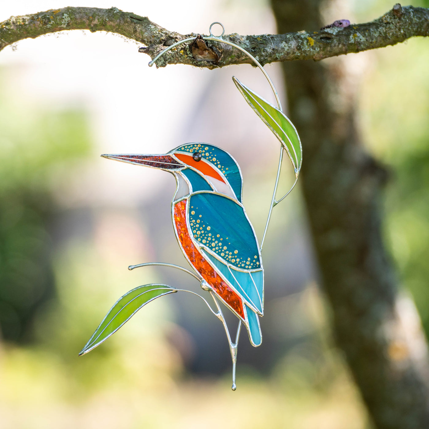 Stained glass kingfisher looking left suncatcher
