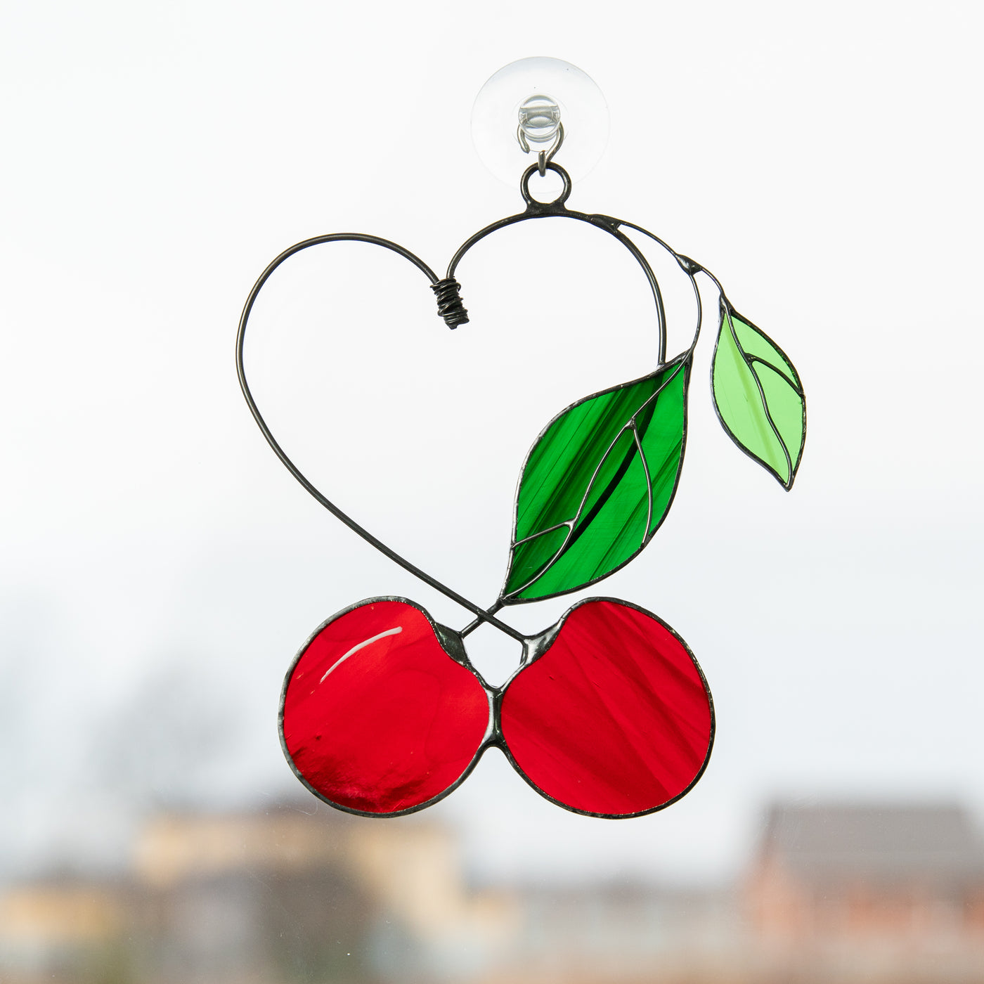 Two red cherries window hanging for kitchen decor