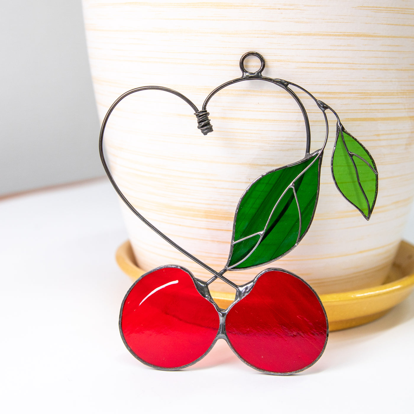 Stained glass cherries in the shape of heart suncatcher for window decor