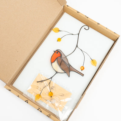 Stained glass robin suncatcher in a brand box