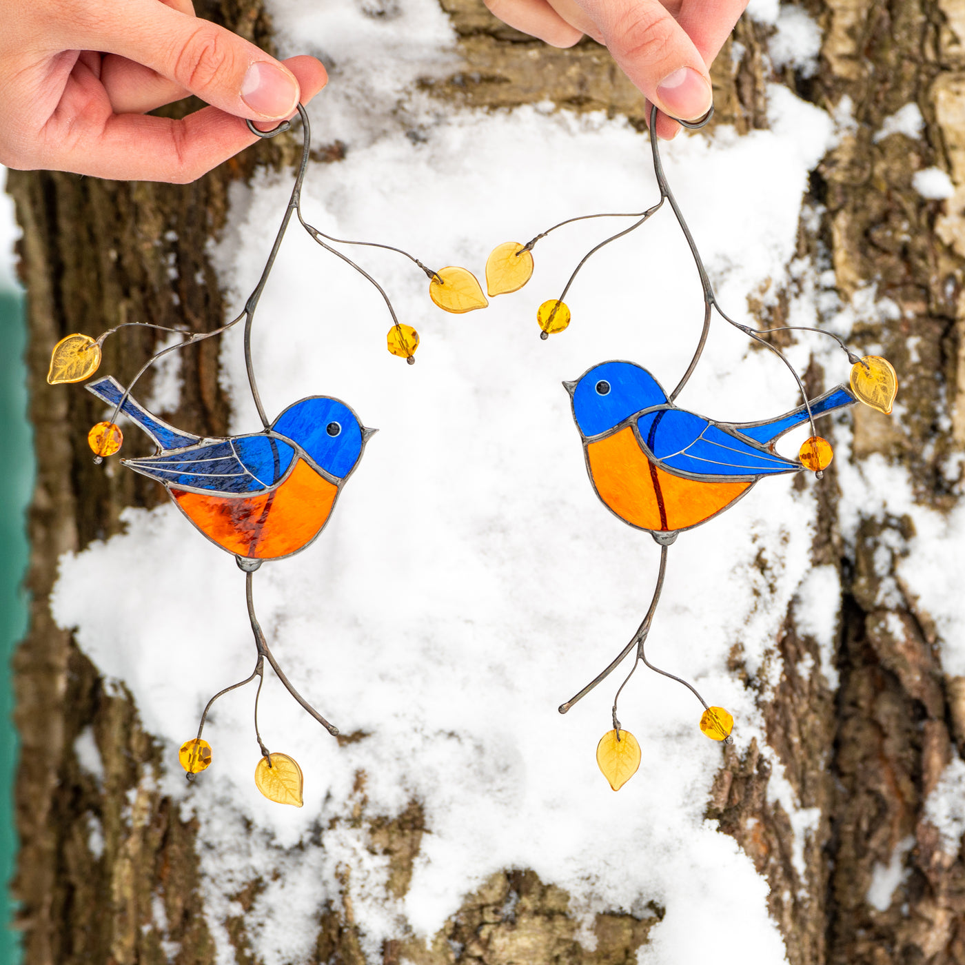  Pair of bluebirds sitting on the branch with leaves and berries stained glass suncatcher