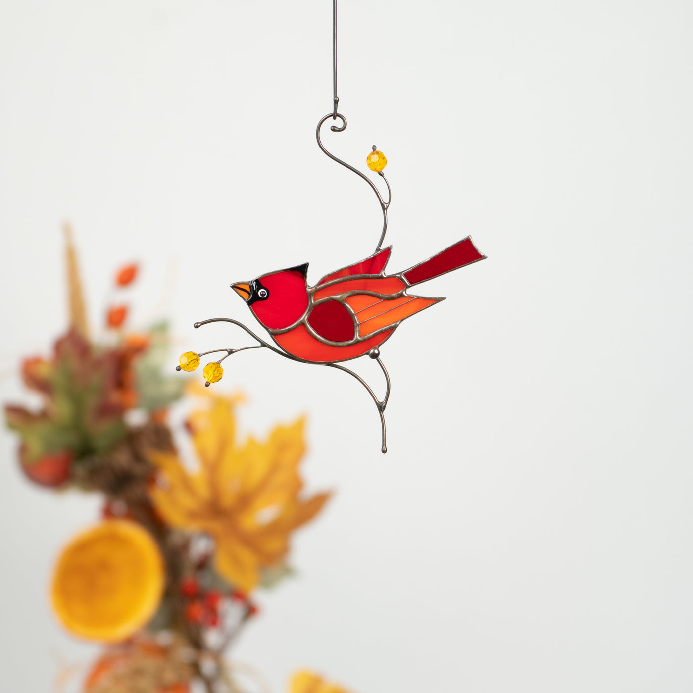 Red male cardinal suncatcher of stained glass