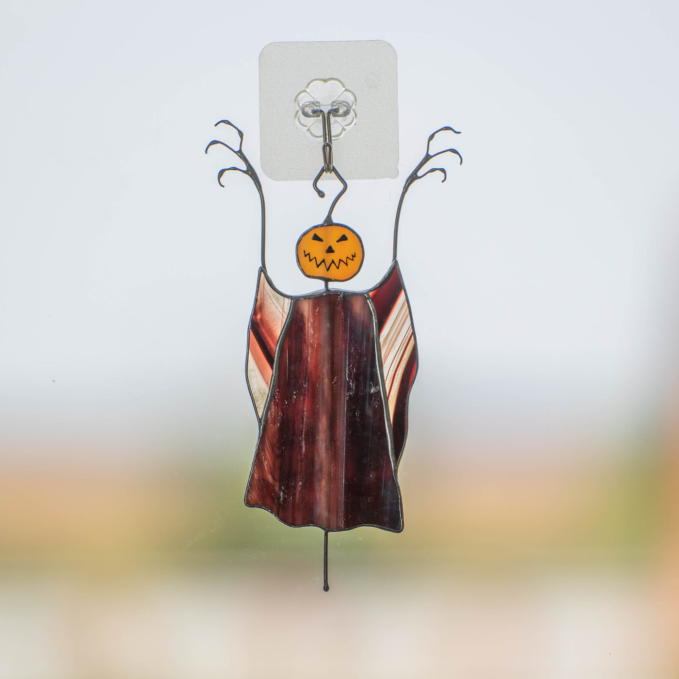 Spooky stained glass pumpkin scarecrow suncatcher with baroque hands 