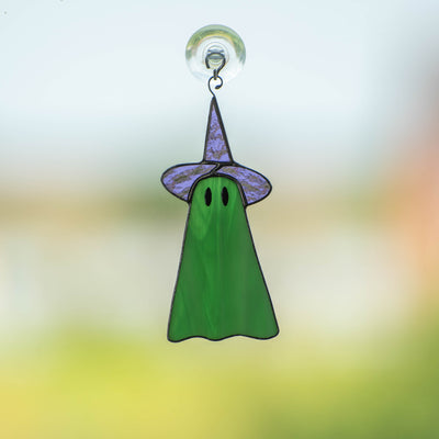 Green stained glass ghost in purple hat suncatcher