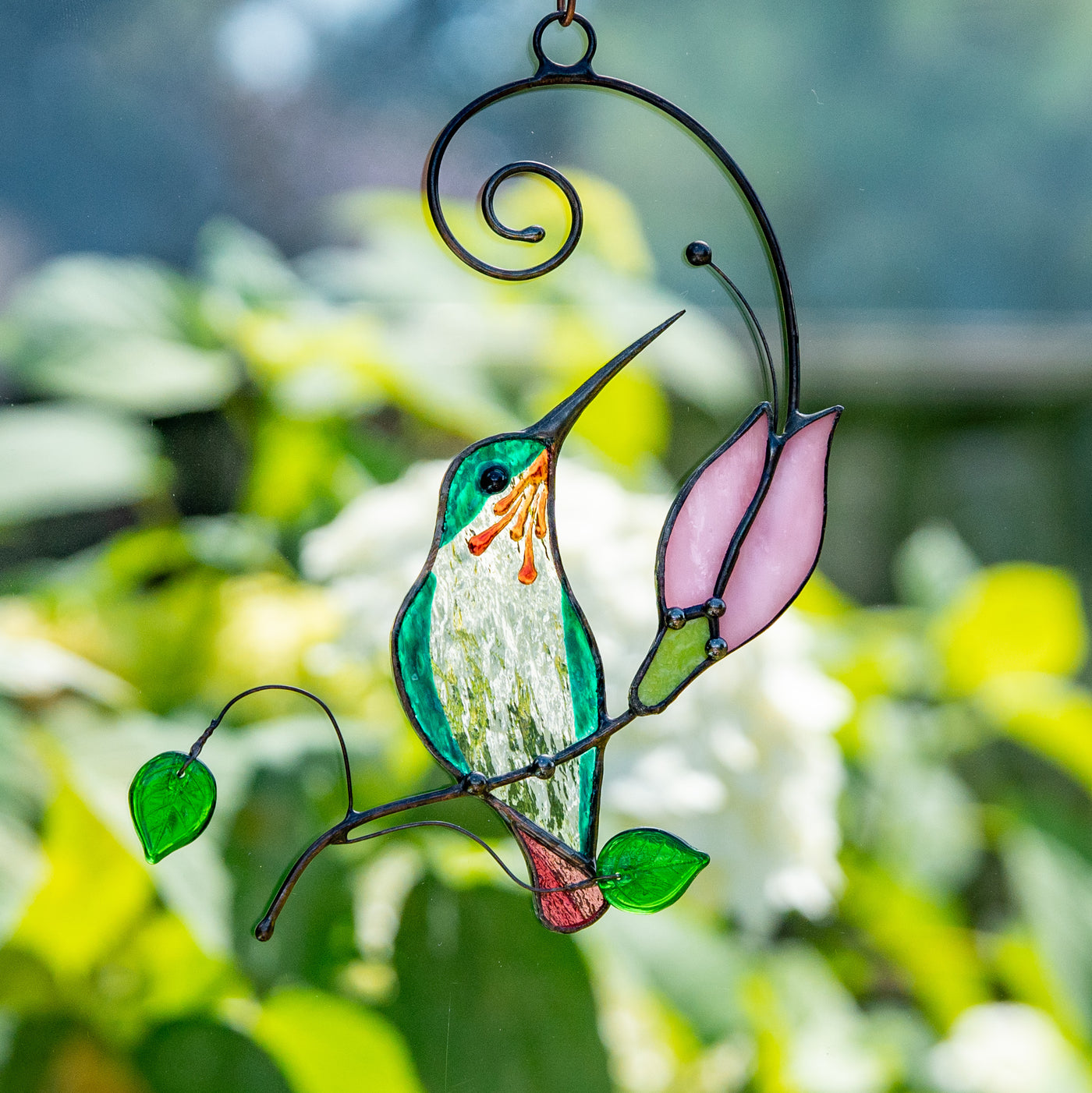 Hummingbird Suncatcher For Window, Hummingbird With Flower Stained Glass Suncatcher  Bird Stained Glass Window Hangings Ornaments