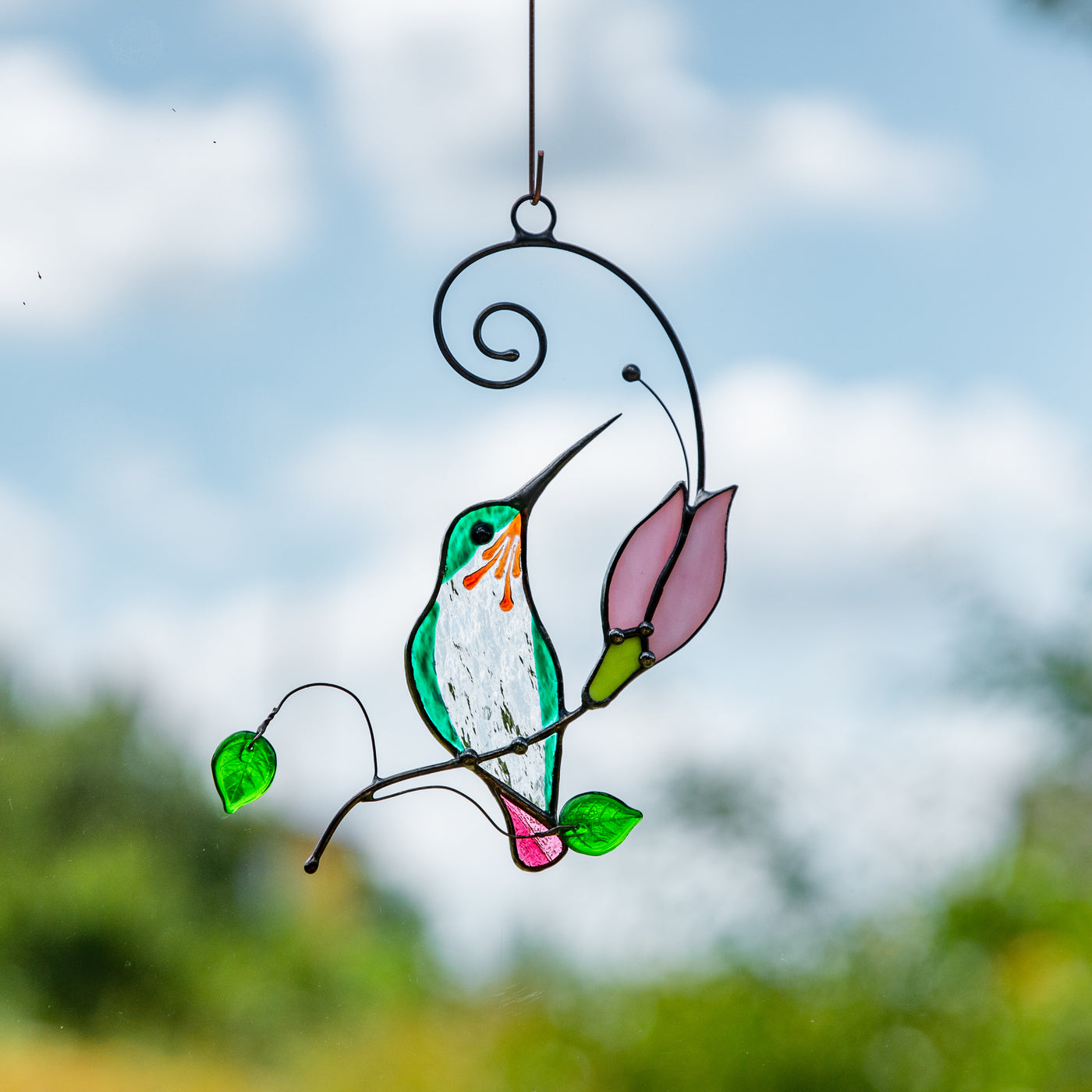 Stained glass hummingbird with pink flower suncatcher for home decor