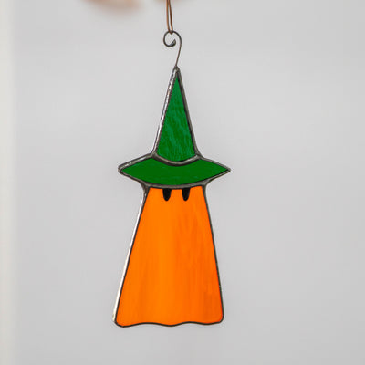 Stained glass orange ghost in green hat suncatcher for Halloween party