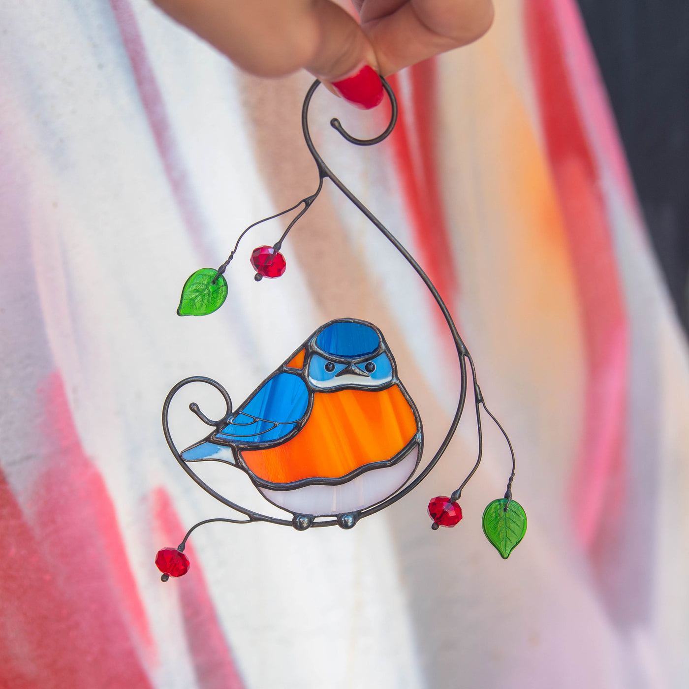  Stained glass bluebird sitting on the branch with leaves and berries suncatcher