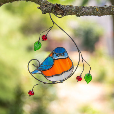 Bluebird with round belly window hanging of stained glass