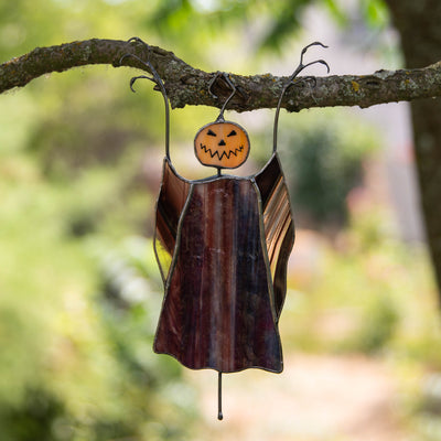 Pumpkin-head stained glass scarecrow suncatcher with baroque brown hands 