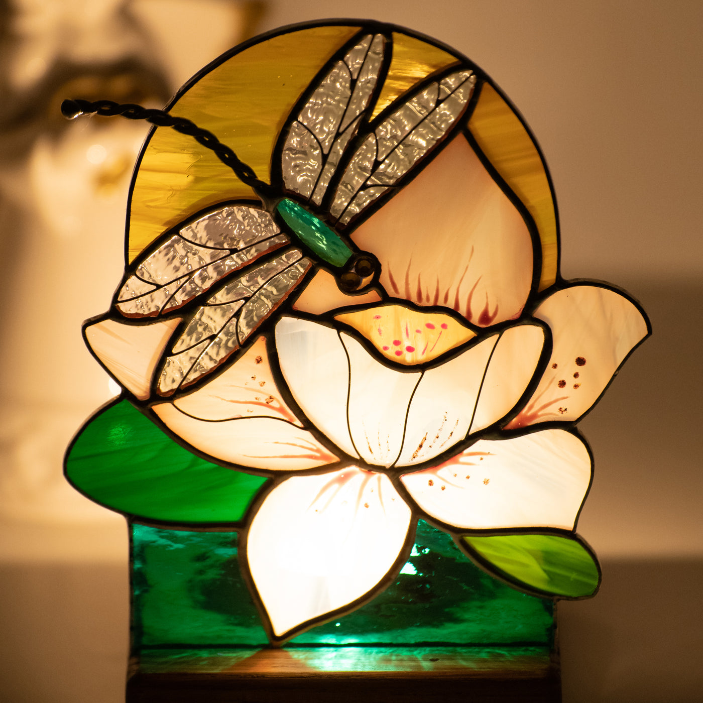 Zoomed candle-lit stained glass dragonfly panel in the dark