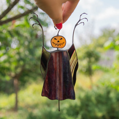 Halloween stained glass scarecrow with pumpkin head suncatcher