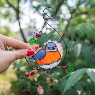 Cute stained glass bluebird with belly window hanging