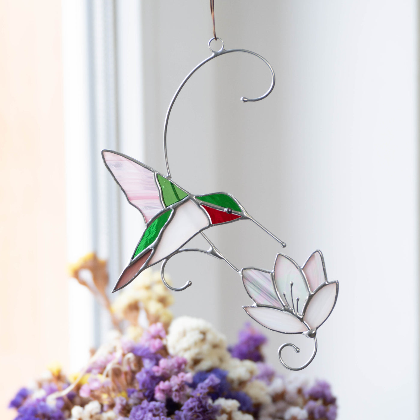 Stained glass ruby-throated hummingbird window hanging