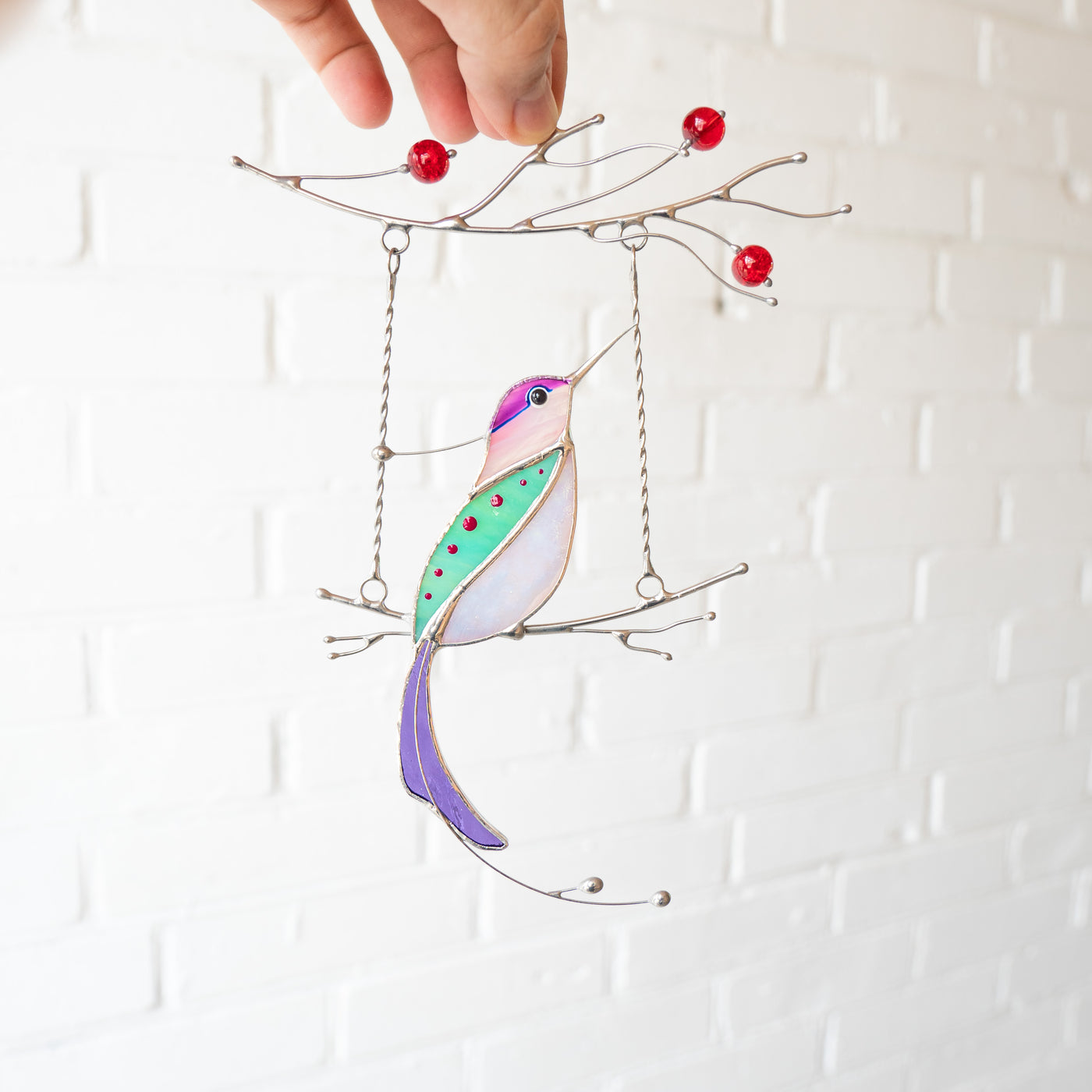Stained glass purple hummingbird sitting on the swinger with red berries suncatcher 