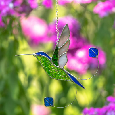 Stained glass hummingbird with racket-tail suncatcher