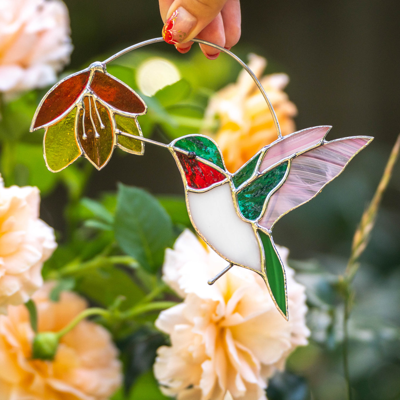 Hummingbird with white belly with red-yellow flower suncatcher of stained glass