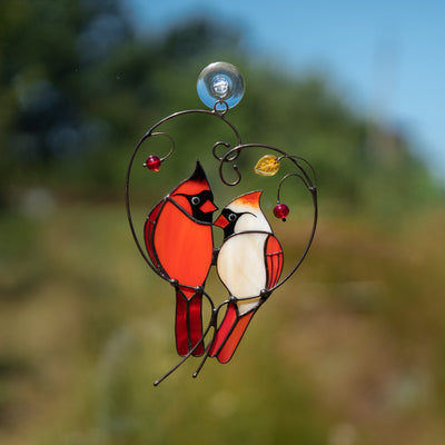 glass cardinals in love on the branch with leaves and berries window hanging