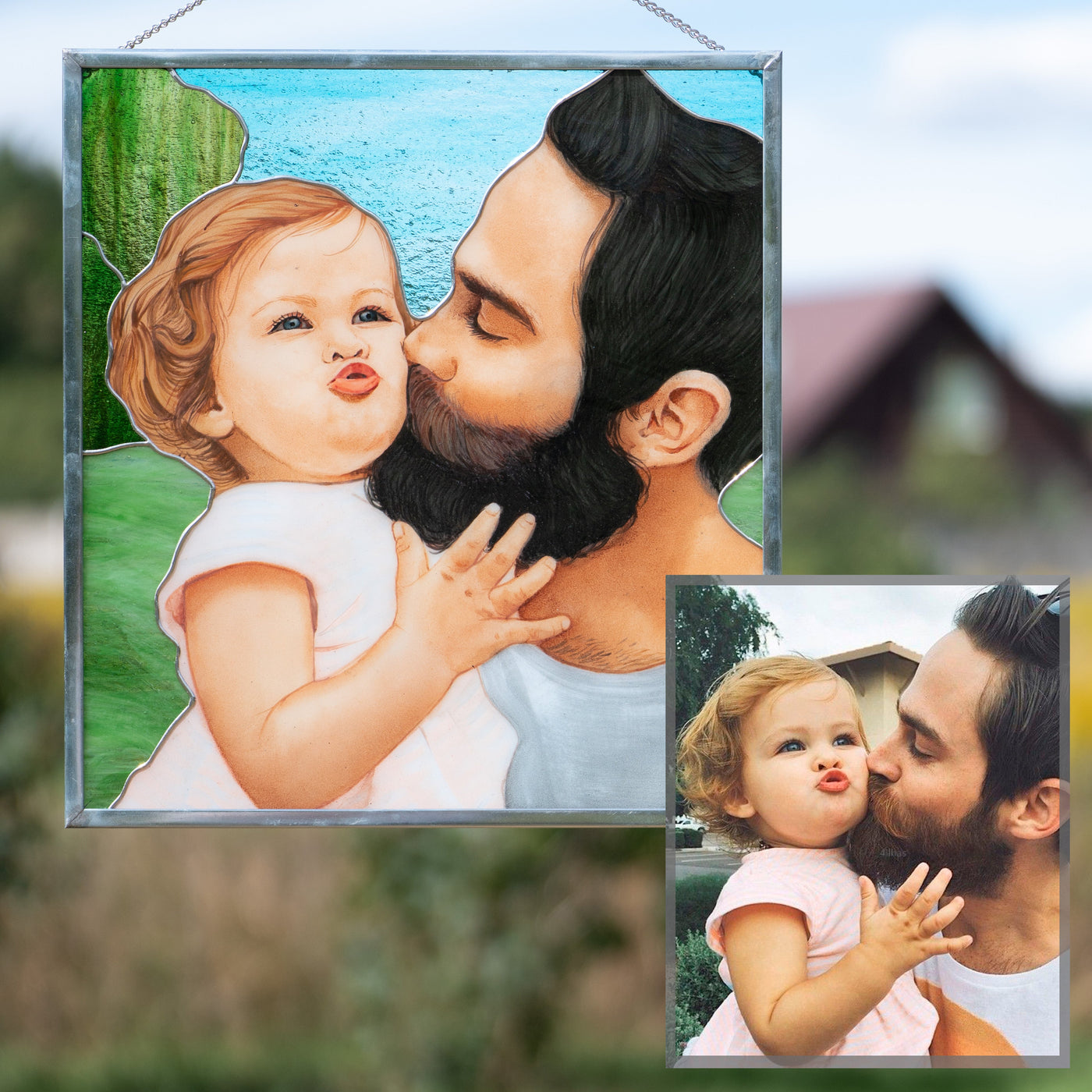 Stained glass custom portrait of a dad kissing a daughter