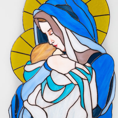 Zoomed stained glass Virgin Mary icon 
