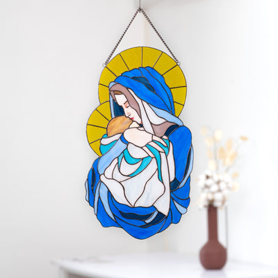 Stained glass Virgin Mary with Jesus Christ window hanging in Ukrainian colours