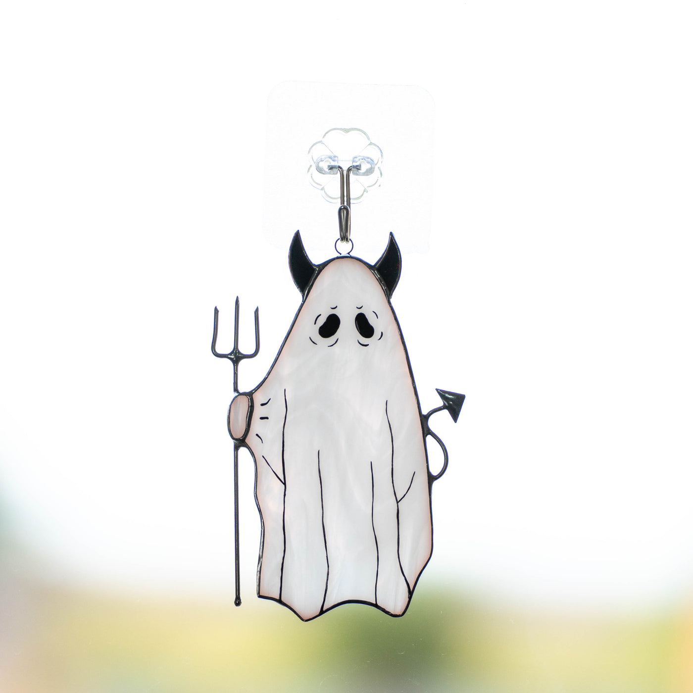 Ghost with pitchfork suncatcher of stained glass