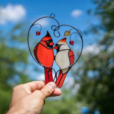 Sitting on the heart branch Cardinals in love stained glass suncatcher