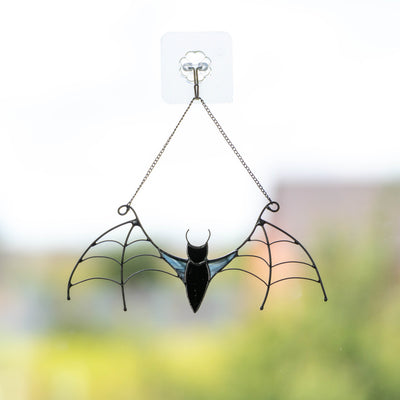 Stained glass Halloween window hanging of black bat